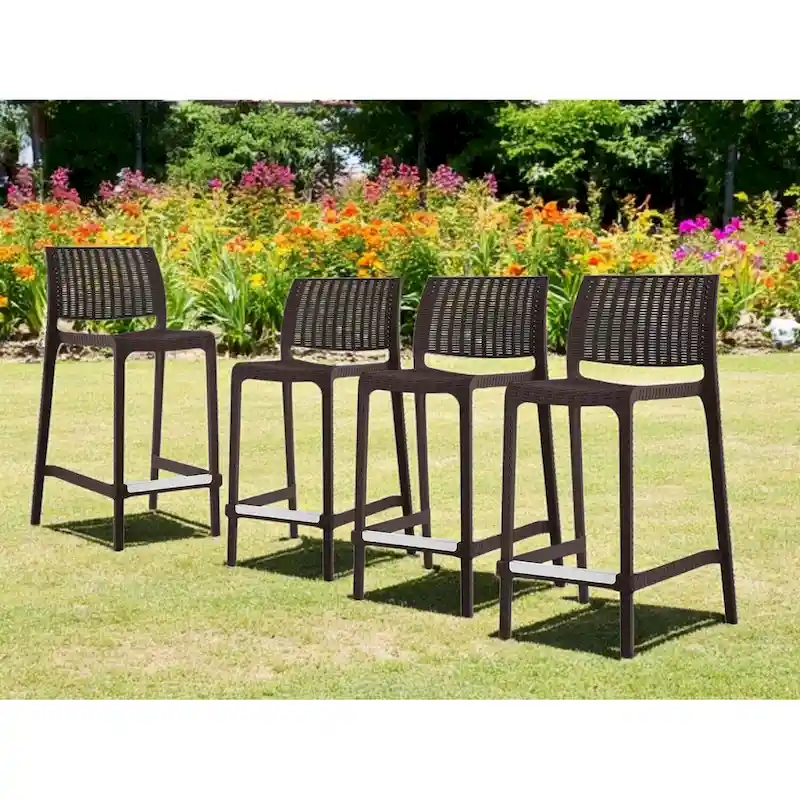 HomeRoots Set of Four 26 Brown Faux Rattan Heavy Duty Plastic Low Back Outdoor Counter Height Bar Chairs