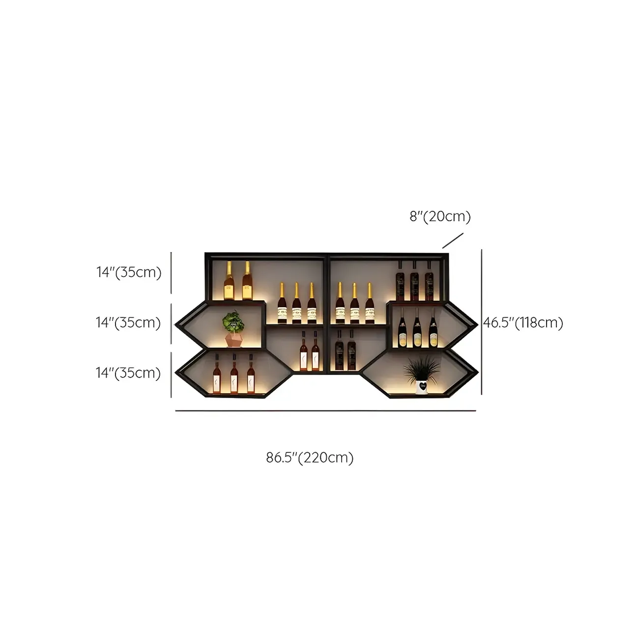 Black Metal Wall-Mounted Lighted Wine Rack