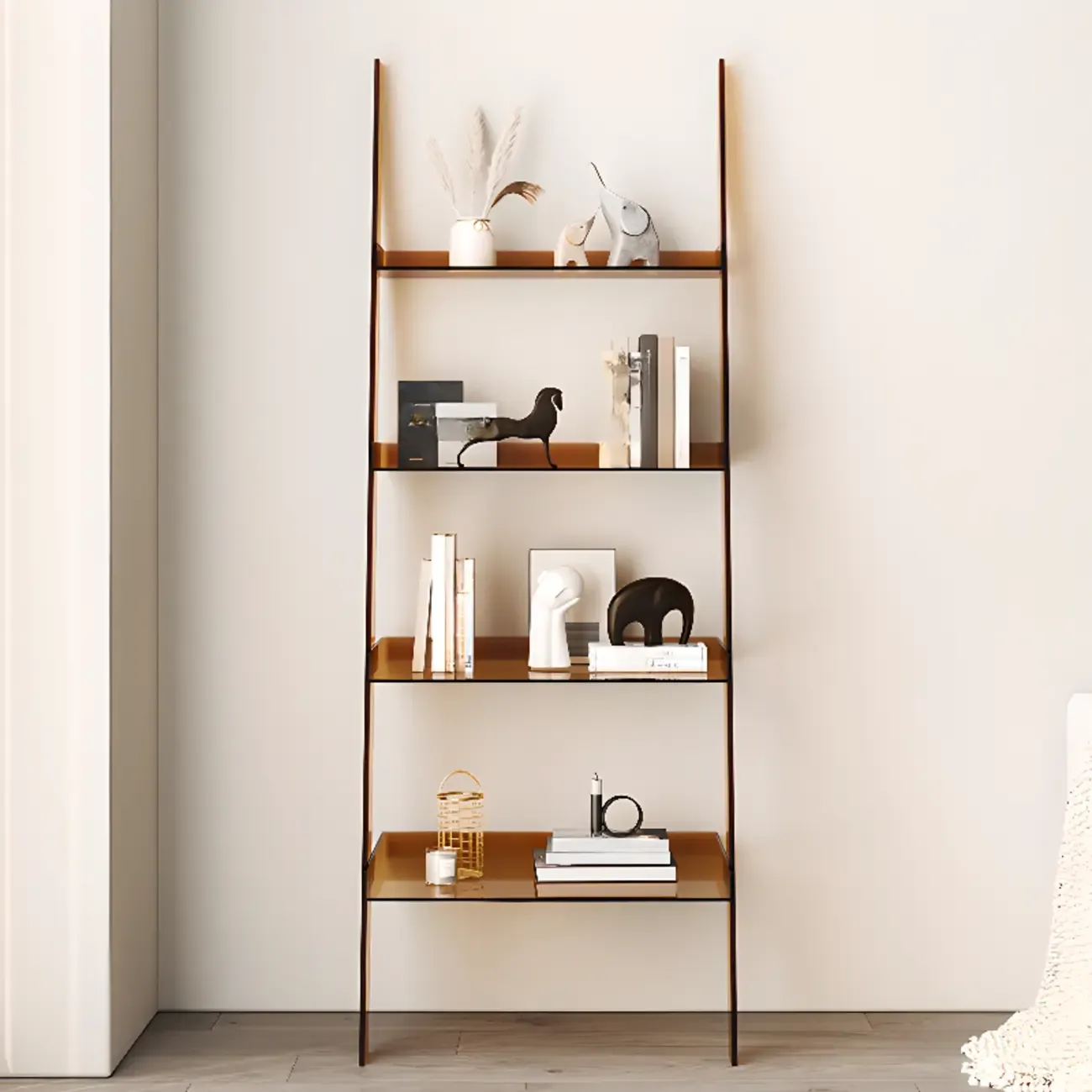 Black Plastic Leaning Ladder Bookcase with 4-Shelves