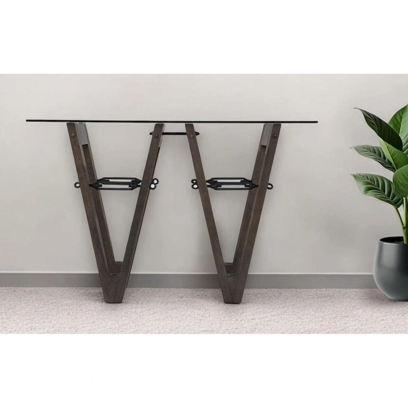 Clear Glass Reclaimed Wood Console Table with Abstract Base - 46 L x 18 W x 29.5 H