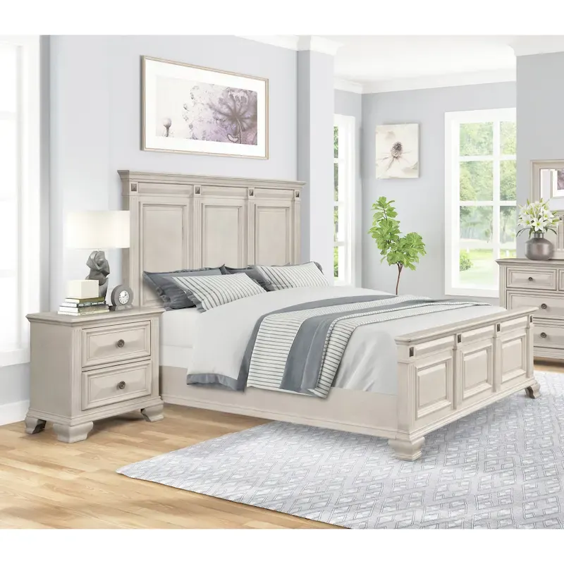 Roundhill Furniture Renova 3-Piece Distressed Parchment Wood Bedroom Set, Panel Bed with 2 Nightstands