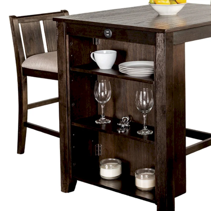 Lessi 3pc Counter Height Table Set with Side Shelf, USB , Cherry Brown Wood