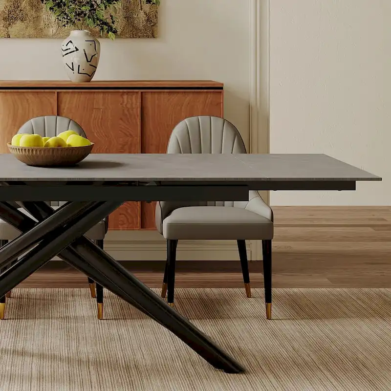 9 - Piece Extendable Rectangular Sintered Stone Cross Legs Dining Set With 8 Chairs