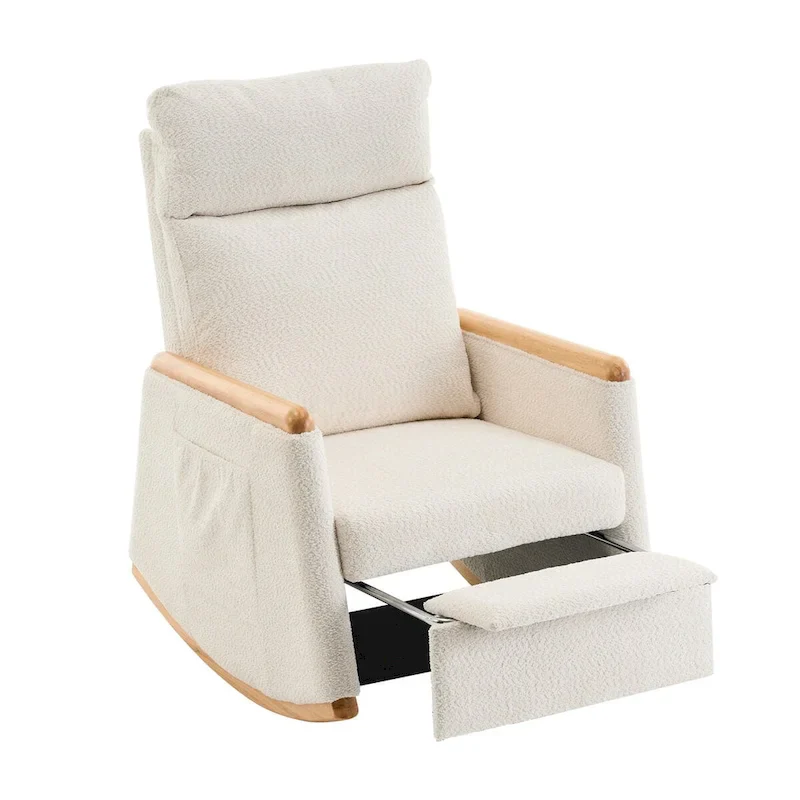 Accent Rocking Chair with Footrest High Back Rubber Wood Rocking Legs Bedroom Living Space
