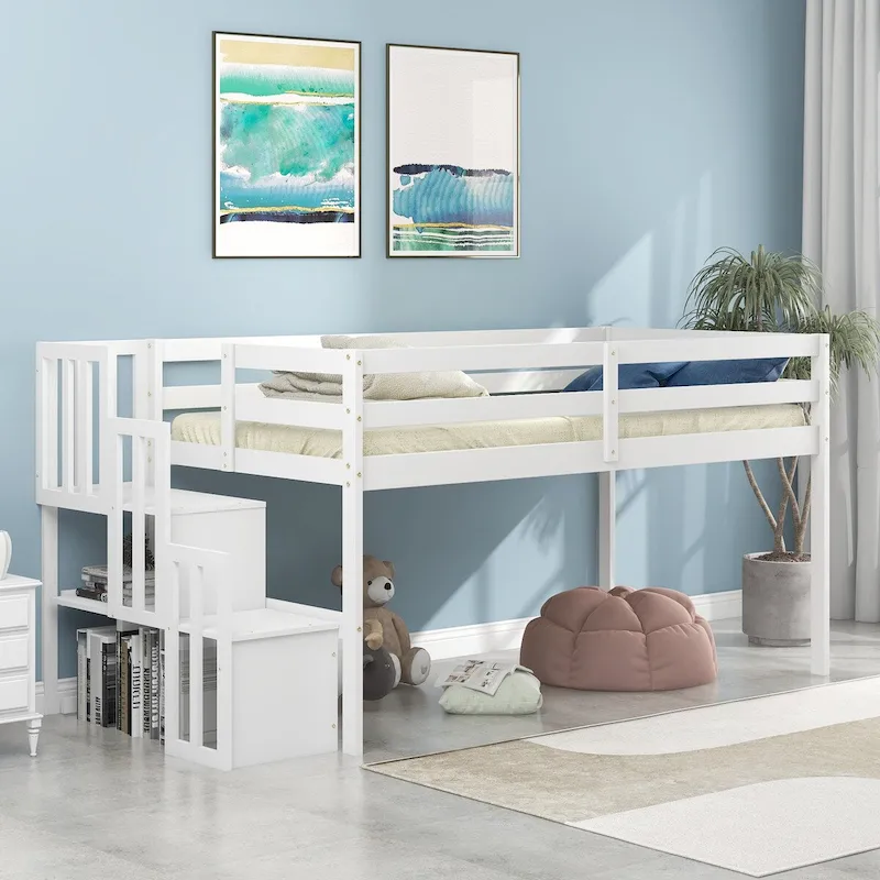 Solid Wood Twin Loft Bed with Staircase and Storage