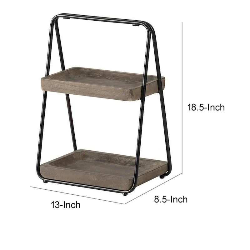 Nick 19 Inch 2 Tier Decorative Tray Stand, Black Iron Frame, Gray Wood