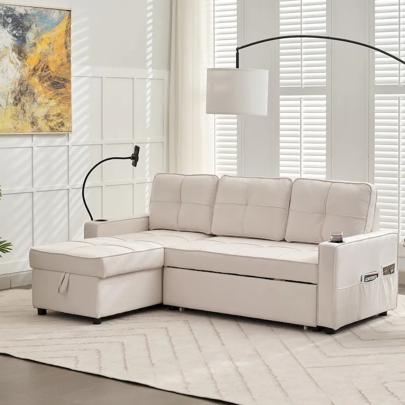 Linen Sleeper Sofa with Push-out Sofa Bed, Extra Storage Space, Phone Holder & USB Charger