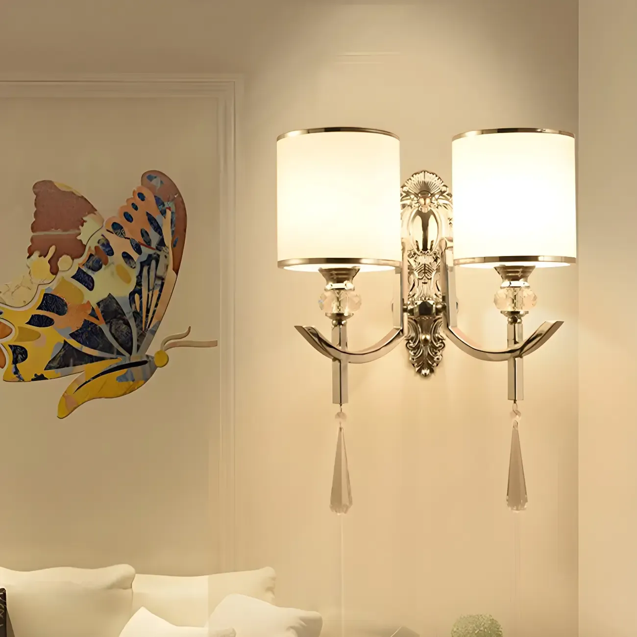 Modern Chrome Cylinder Shade Wall Sconce with Crystal