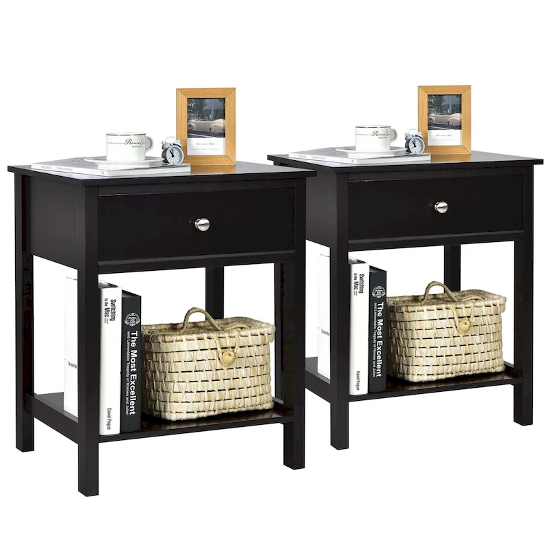 Gymax 2PCS 2-Tier Nightstand Modern Side End Table w/ Drawer & Open
