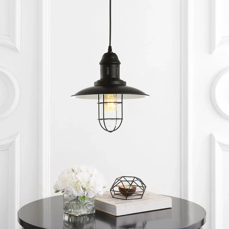 Deere 12  Adjustable Iron/Glass Cage Light LED Kitchen Pendant, Black by JONATHAN Y