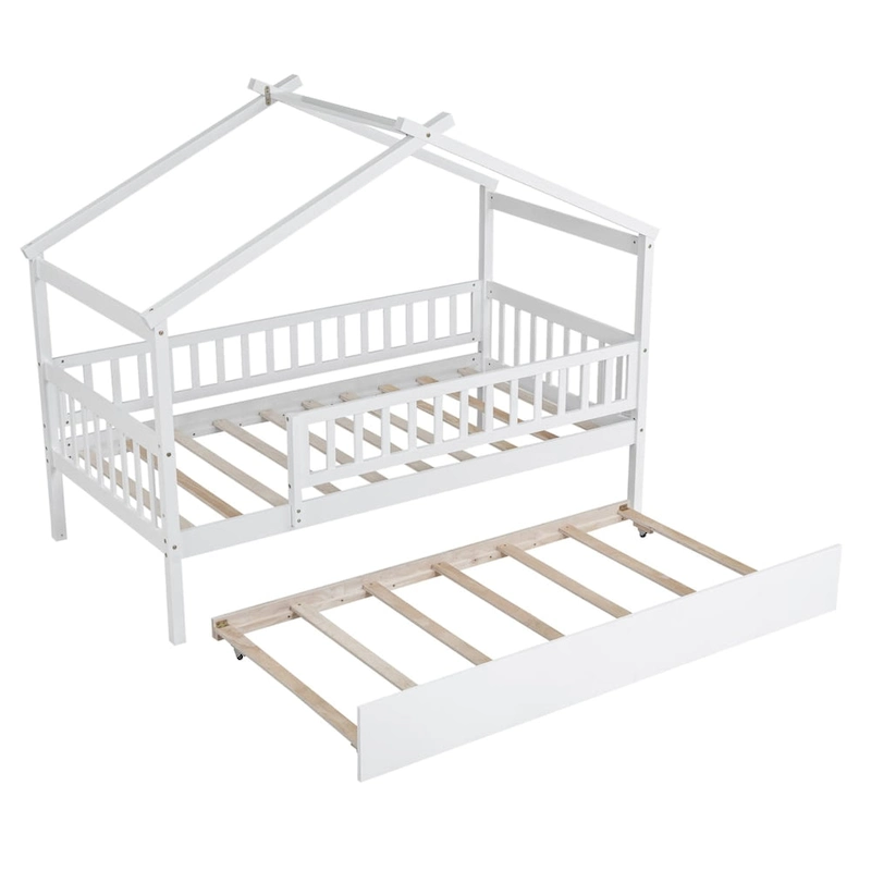 Twin Size Pine Wood House Bed with Twin Size Trundle, Full-Length Guardrail