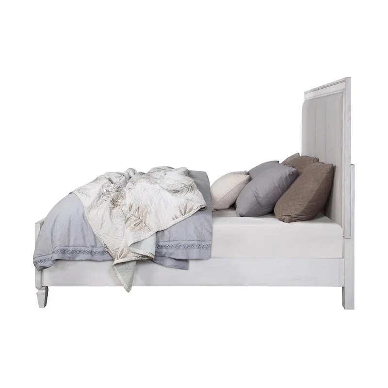 Linen Upholstered Bed in Light Gray and Weathered White