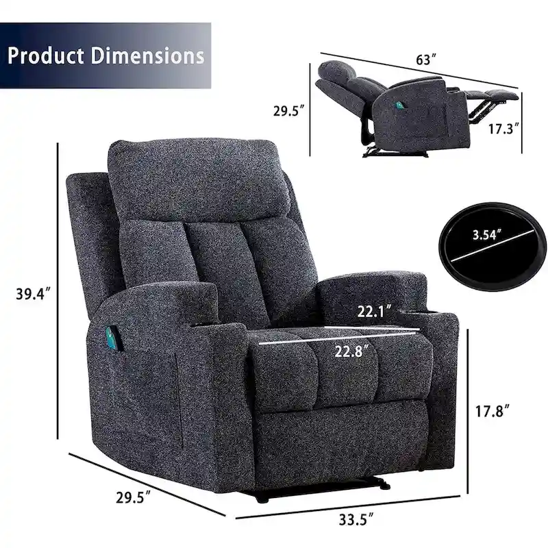 Manual Recliner Massage and Heating Chair Sofa with 2 Cup Holders Breathable Fabric
