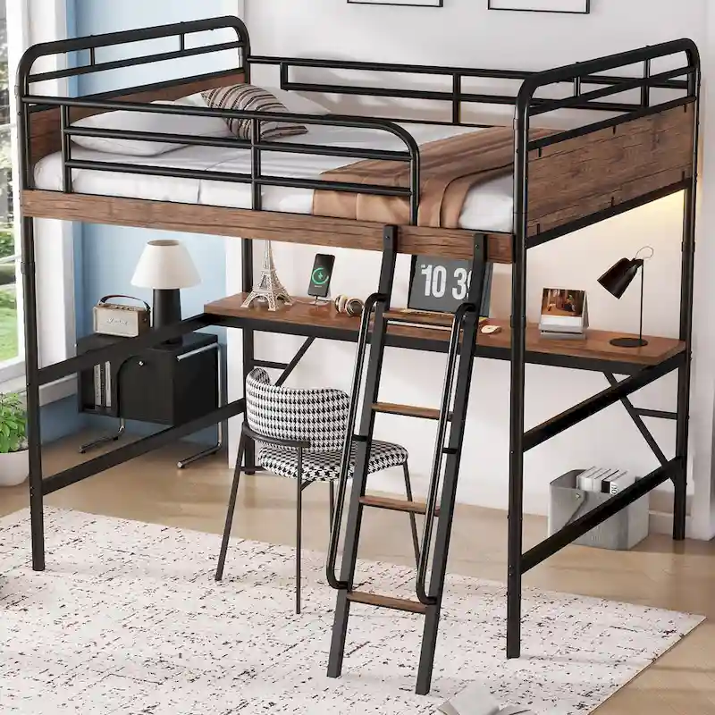 Metal Loft Bed with Desk, LED Lights & USB Charging Station, Loft Bed Frame with Safety Guardrails