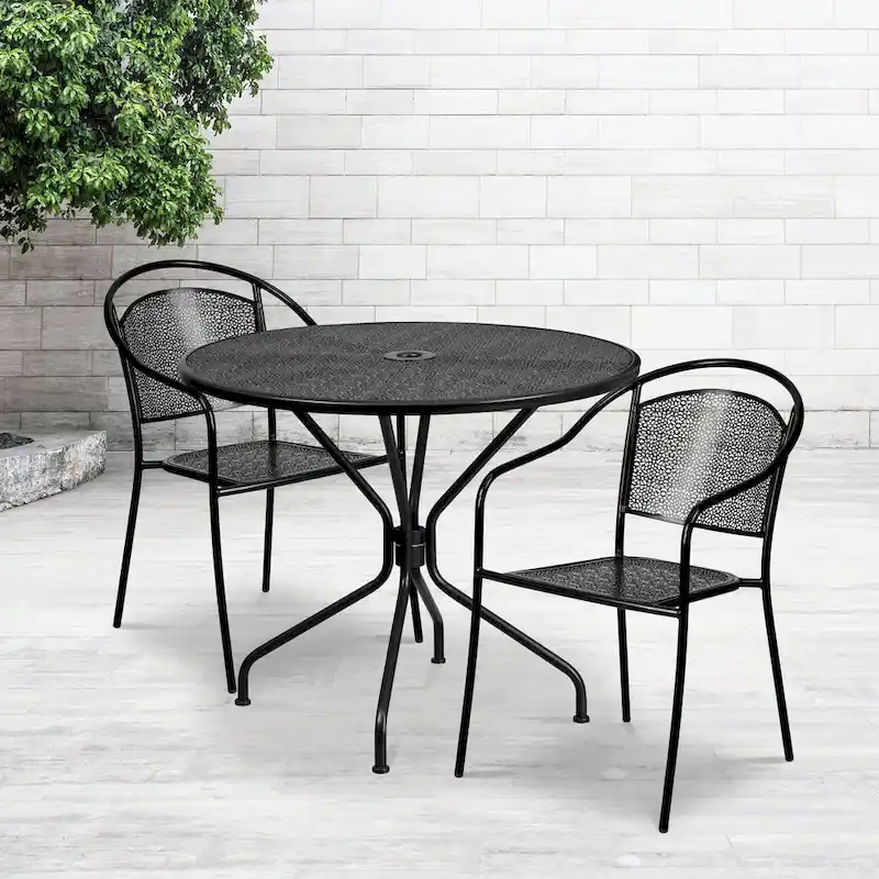35-inch Round Steel 3-piece Patio Table Set with Round Back Chairs