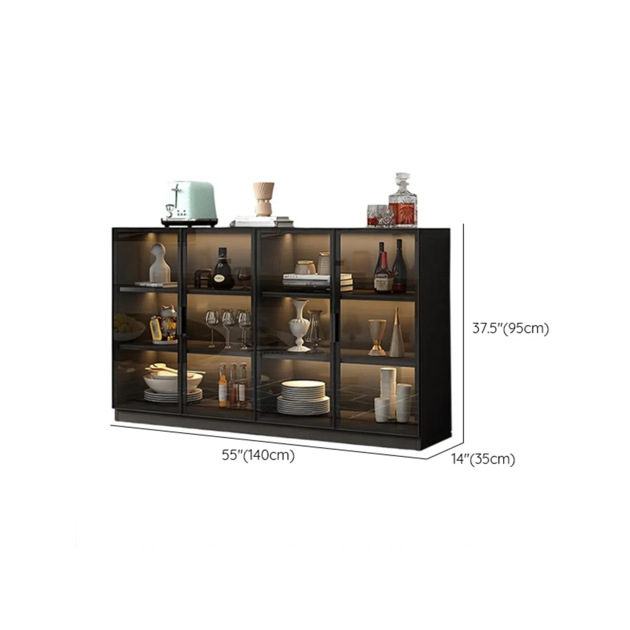 Large 3 Shelves Glass Wood Black Sideboard with LED Light