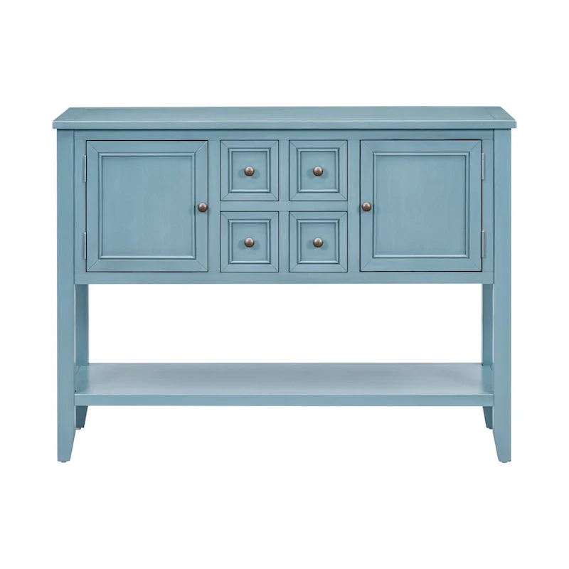 Dark Blue Distressed Acacia Wood Buffet Sideboard with 4 Drawers, 2 Cabinets & Bottom Shelf