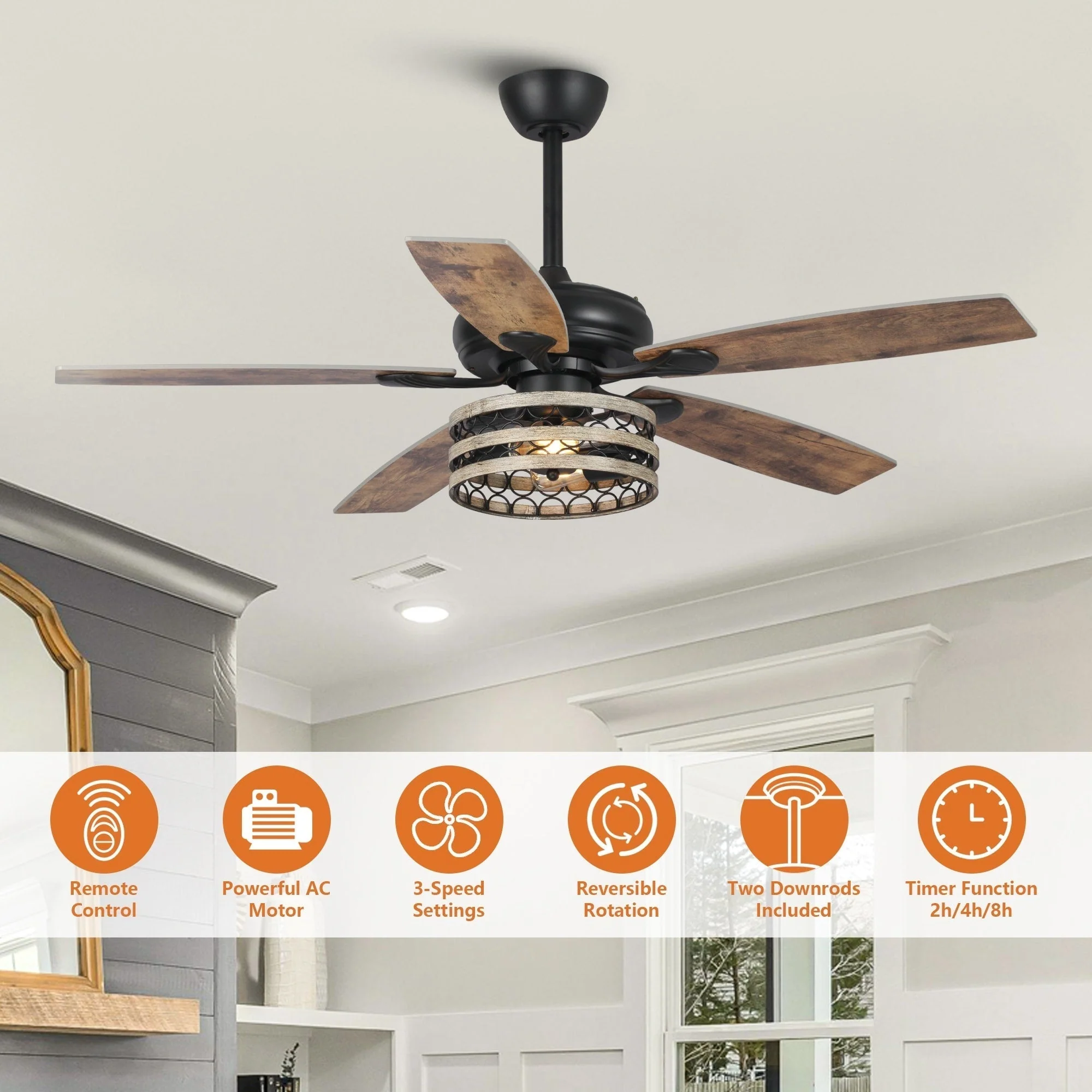 52 Farmhouse Driftwood 5-Blade Black Caged Ceiling Fan with Remote