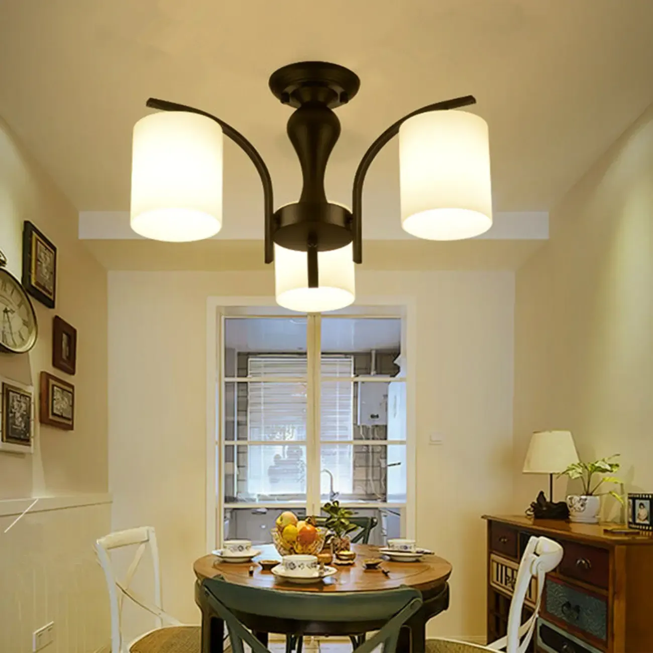 Traditional Black Cylinder Glass Semi-Flush Mount Ceiling Light