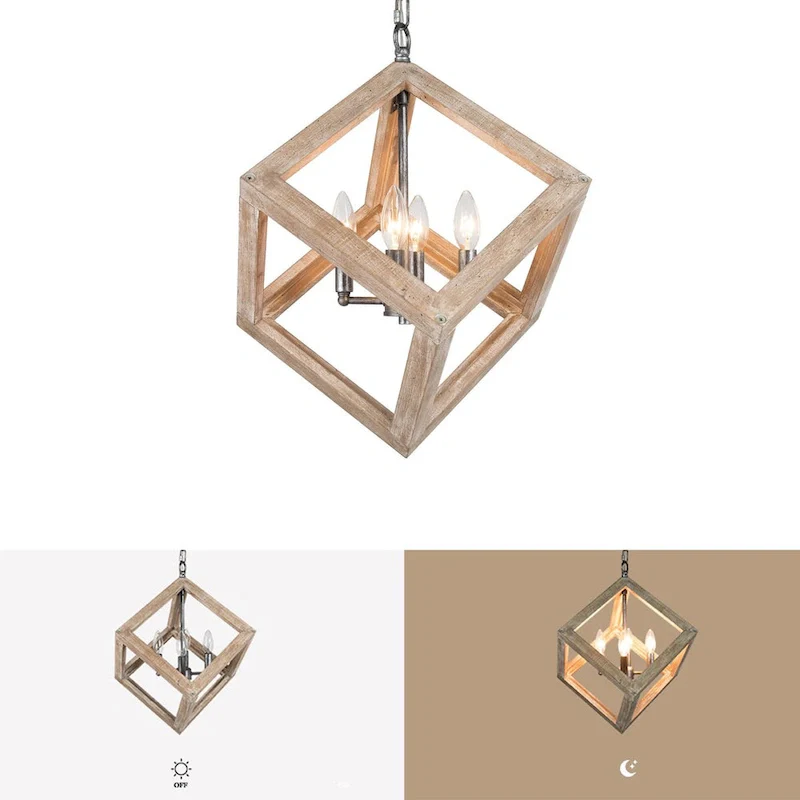 Loby Farmhouse Solid Wood Chandelier 4-light Rustic Geomerical Island Pendant Lights - D15.5  x H 18
