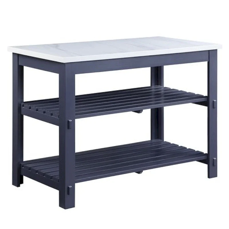 50 Inch Kitchen Island, Faux Marble Top, 2 Slatted Shelves, Gray