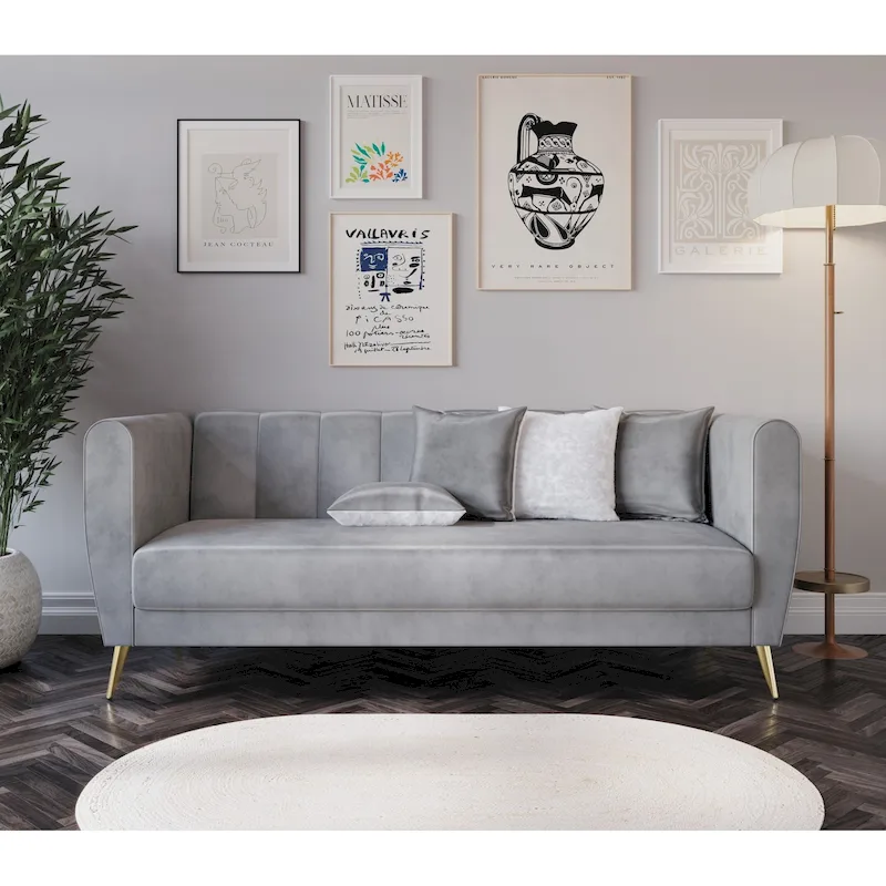 Scarlett Velvet Flared Arm 3-Seater Sofa with 4 Throw Pillow