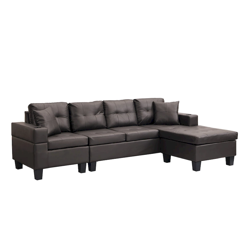 Brown 96.06 Modern L-Shaped 4 Seater Sectional Sofa with Chaise Lounge, Cup Holders, and Throw Pillows