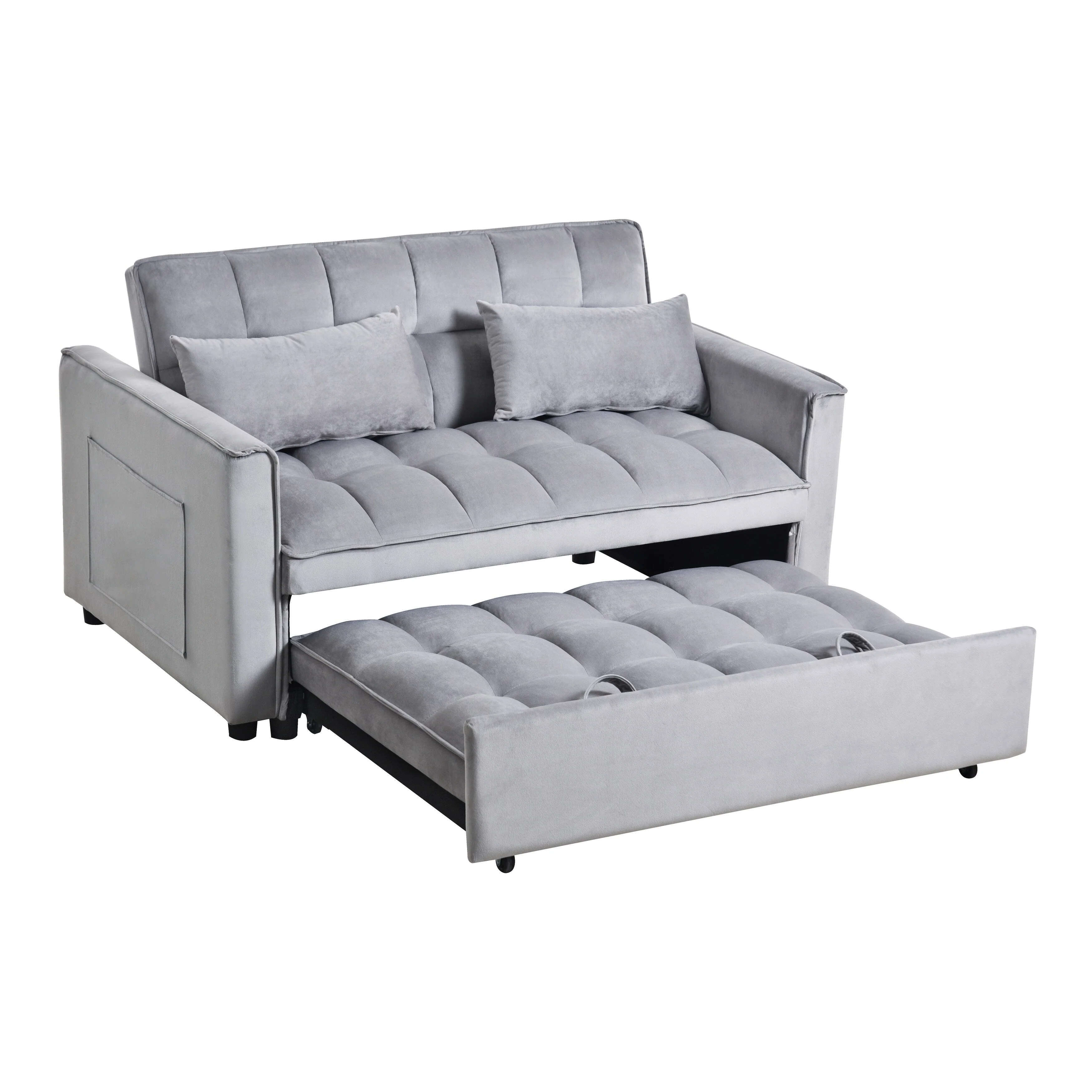 Modern Pull-Out Couch Bed, 3-in-1 Sleeper Sofa with Adjustable Backrest, Velvet Loveseat, Pillows & Side Pockets