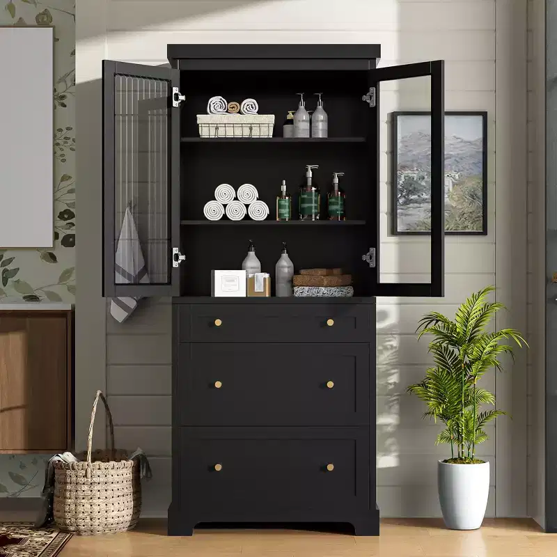 Whisen 70.1 Bathroom Storage Cabinet with Soft-Close Glass Doors, Adjustable Shelves and 3 Drawers