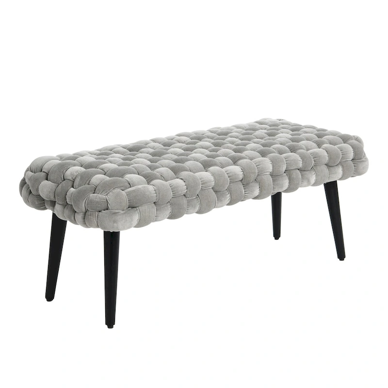Chunky Woven Velvet Entryway Bench with Wood Legs