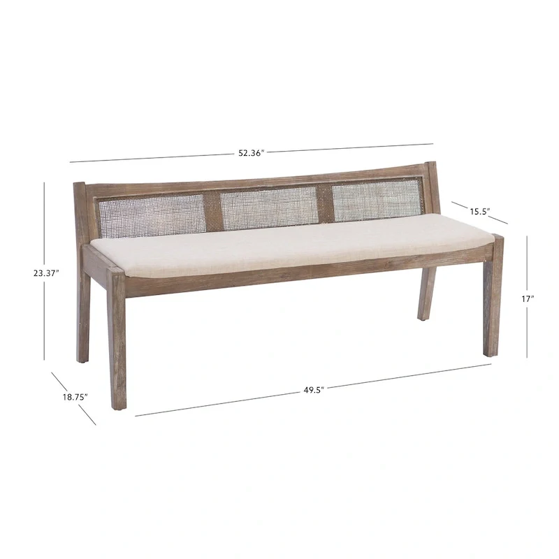 Solid Wood Cane Bench with Cushioned Seat