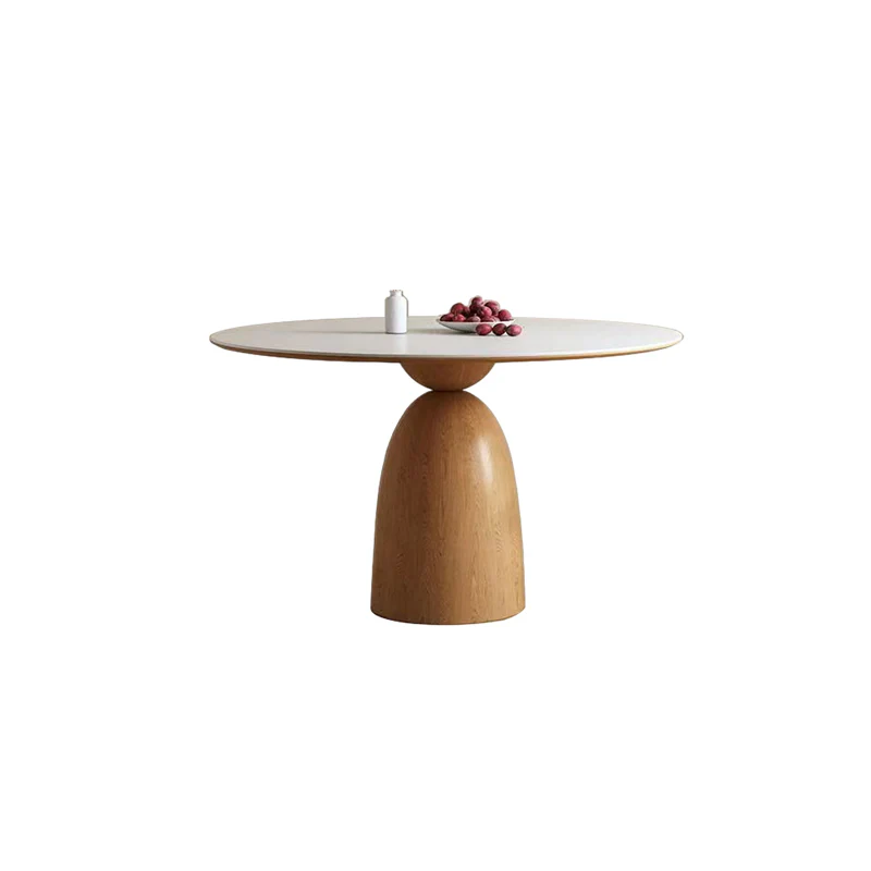 Modern White Stone Natural Wood Round Dining Table