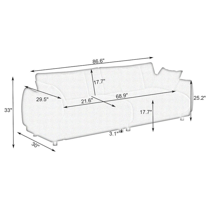 Modern Teddy Velvet 3-Seat Sofa with 4 Pillows & Metal Legs, 86.6