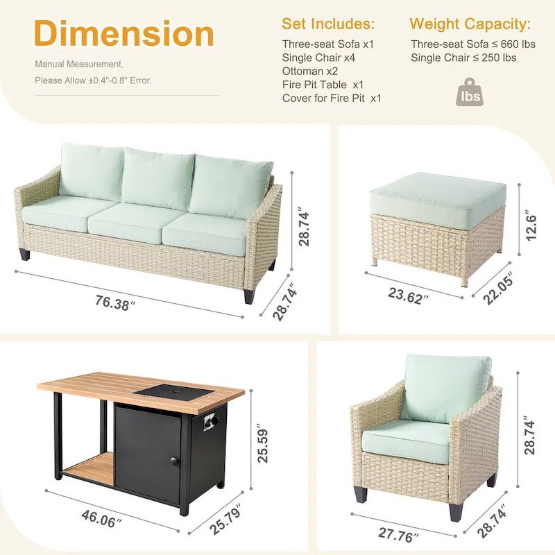 HOOOWOOO 8-piece Patio Wicker Rattan Conversation Set with Multifunctional Fire Pit Table