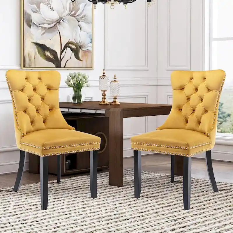 Velvet Dining Chairs Set of 2, Upholstered High-end Tufted Dining Room Chair with Nailhead Back Ring Pull Trim Solid Wood Legs