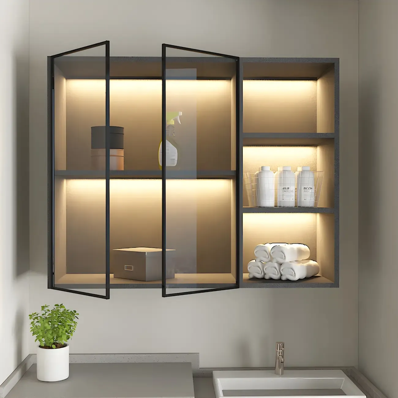 Kitchen Wood Floating China Cabinet with Glass Doors