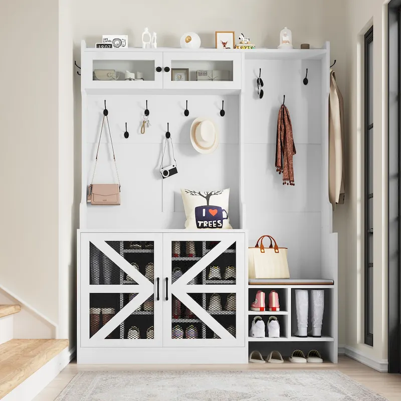 Moasis 77.9 Farmhouse Hall Tree Entryway Bench - 59 Lx 15.7W x 77.9H