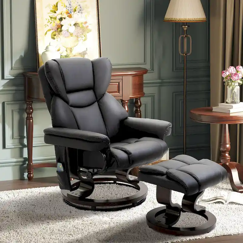 Black Faux Leather 360 Swivel Manual Recliner Set with Ottoman, 10 Vibration Massage Points, Side Pocket