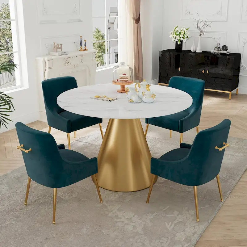 48 Marble Top Metal Dining Table with Velvet Dining Chair Set