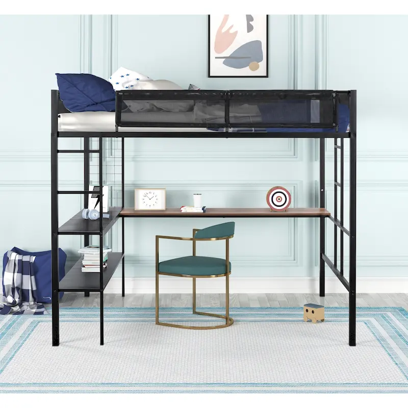 Black Full Size Metal Stell Loft Bed with Desk, Shelves, Noise-free Wood Slats and Comfortable Textilene Guardrail