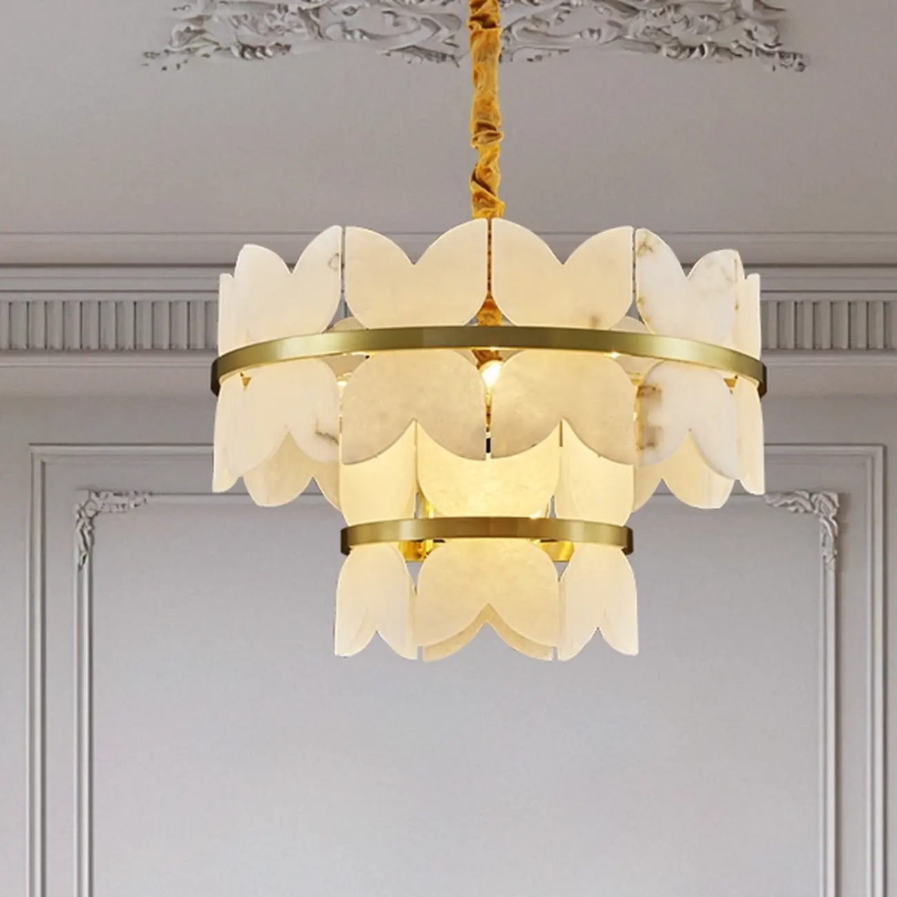 Luxurious Round Gold Tiered Alabaster Chandelier