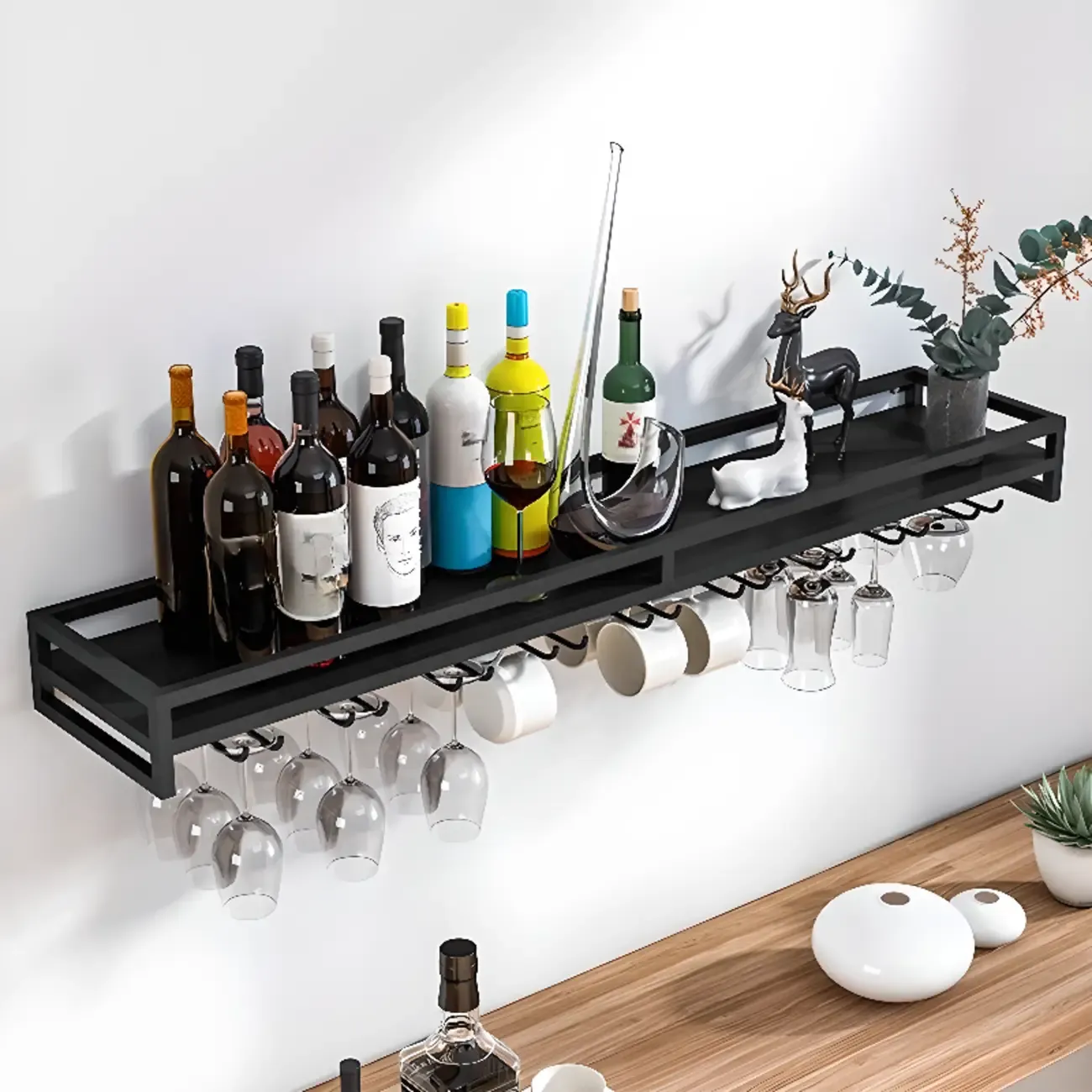 Simple Rectangle Black Wall Mounted Metal Wine Rack