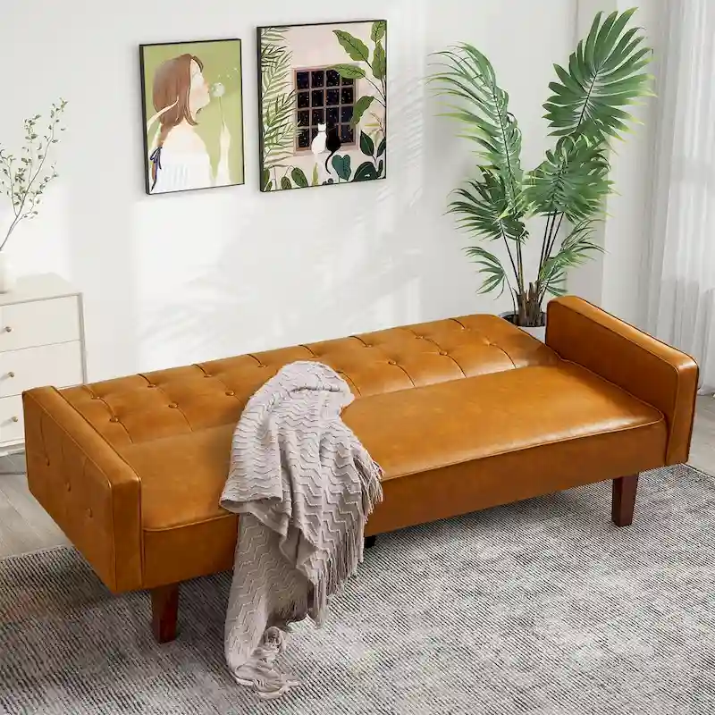 74.4 L Faux Leather Full Handcrafted Button Tufted Sofa 3-Seat, Convertible Sleeper Couch Adjustable Backrest