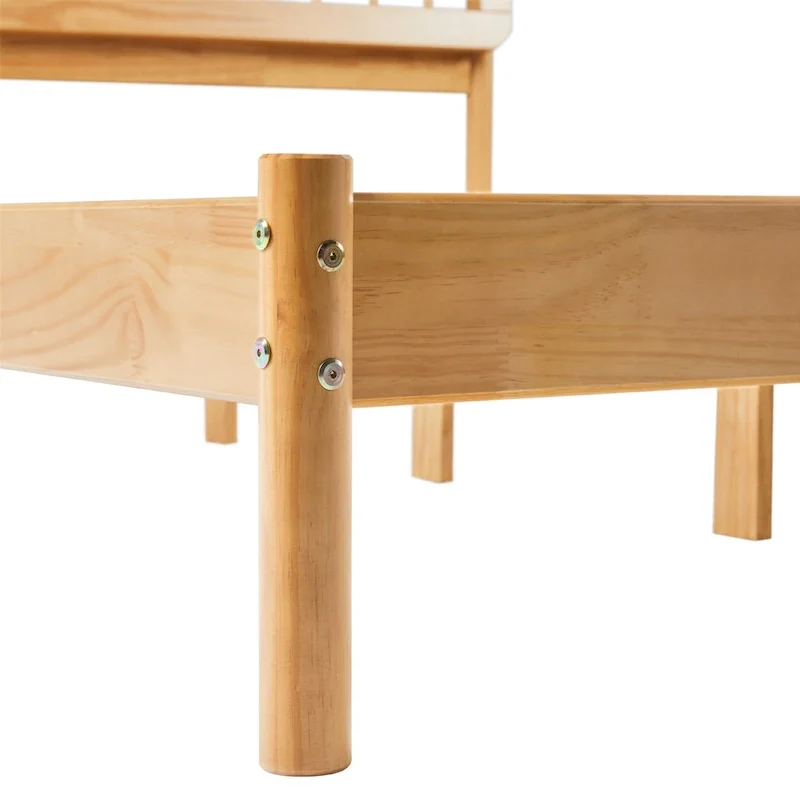 Queen Solid Wood Spindle Bed Frame with Pine Legs – Caramel / Natural Pine / Black, for 1–2 People