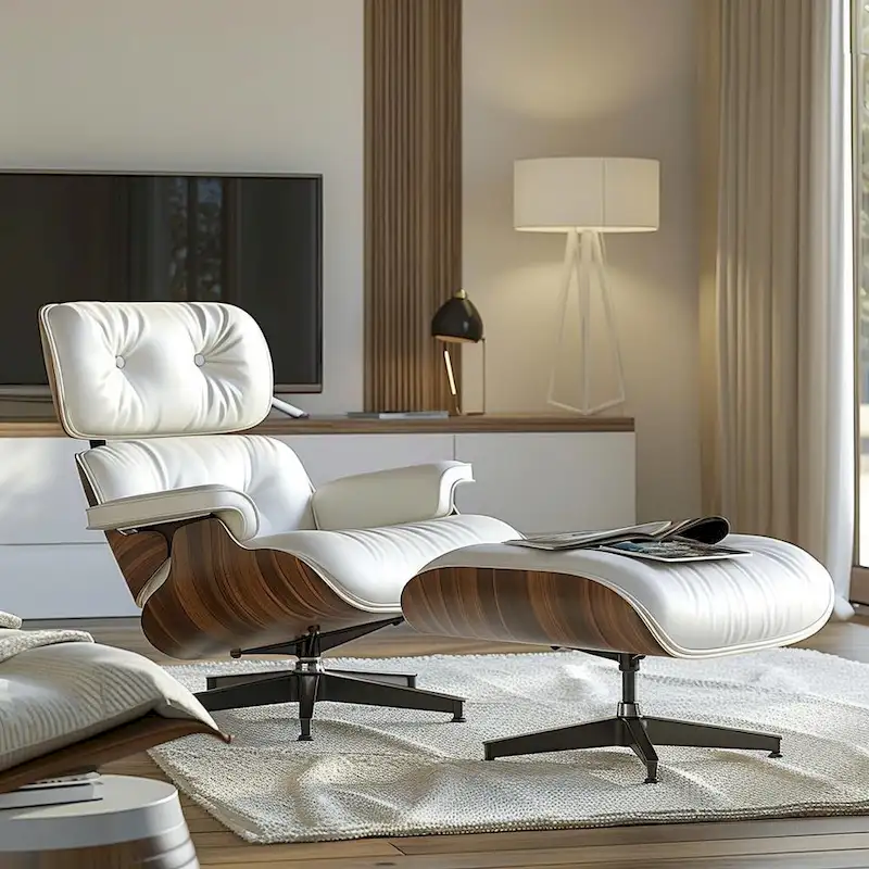 Mid-century Full Grain Leather Accent Chaise Lounge Chair and Ottoman