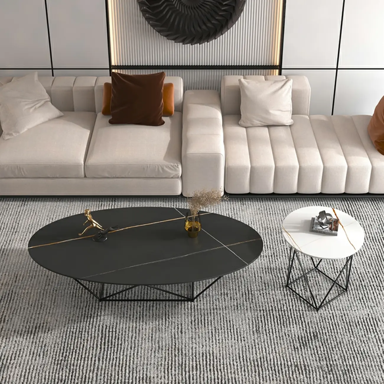 Stylish Metal Black Oval Coffee Table with Geometric Base