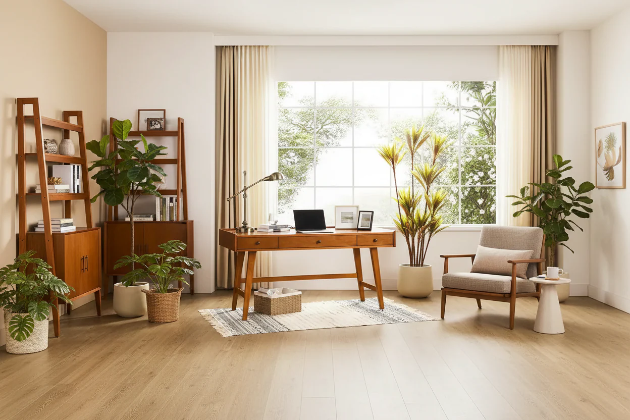 Mid-century Office Desk with Drawer Divider&Cable Management&Charging Station