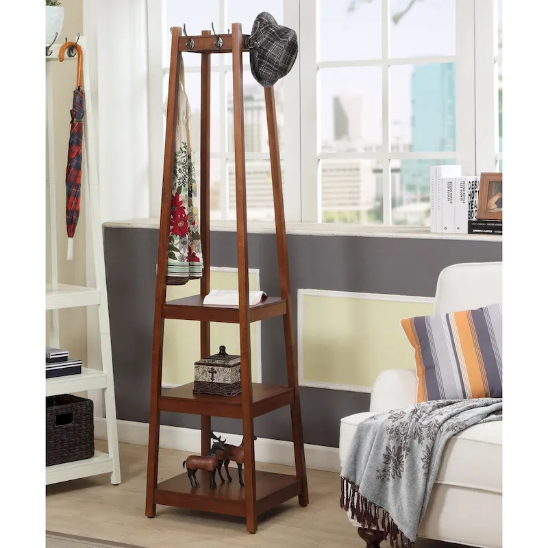 Wooden Coat Rack w/ 3-Tier Storage Shelves