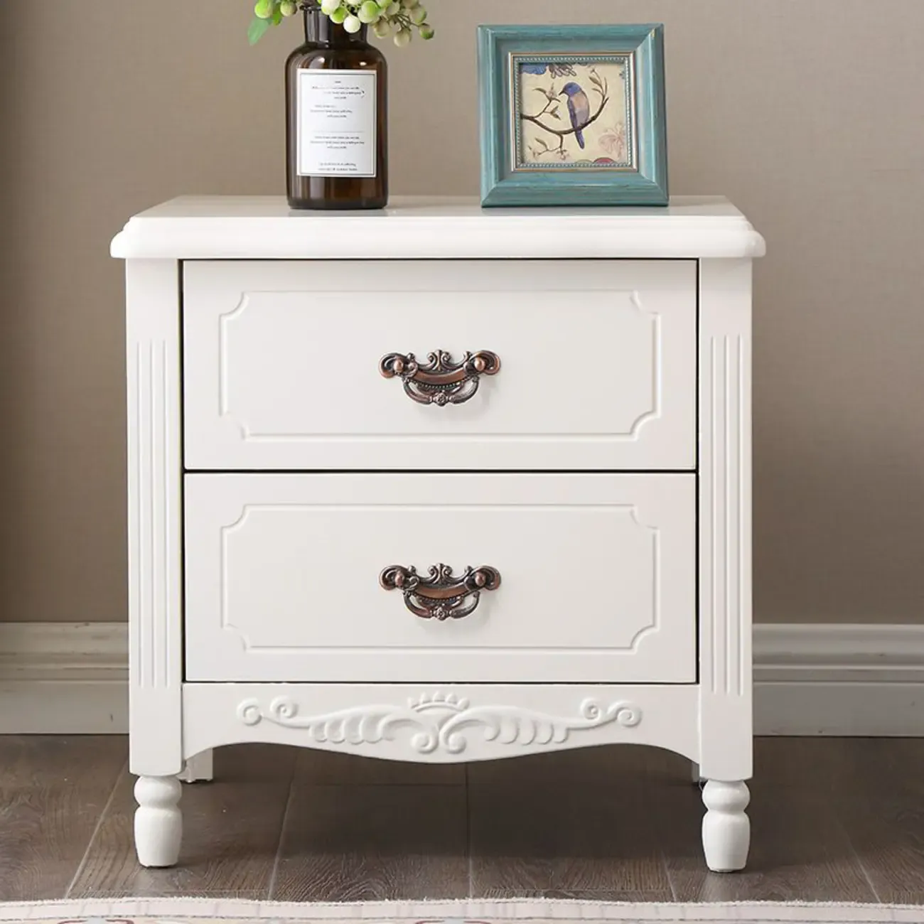 Classic Wood White Carved 2-Drawer Nightstand