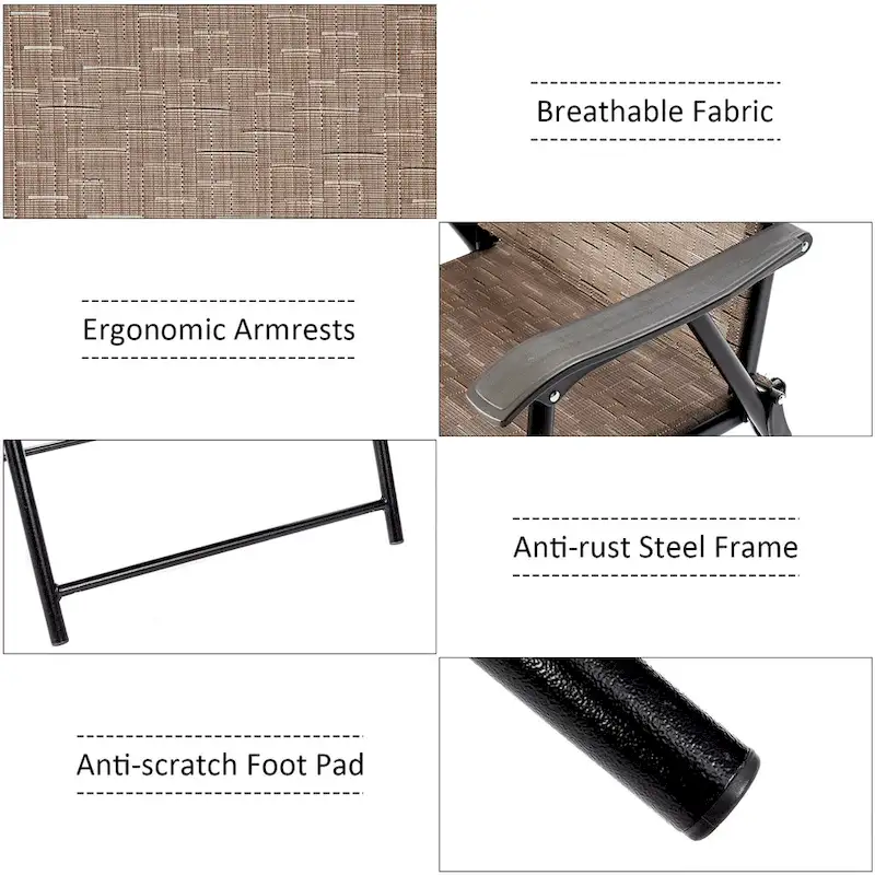 Folding Sling Chair Patio Furniture Set of 2 Armchairs Brown